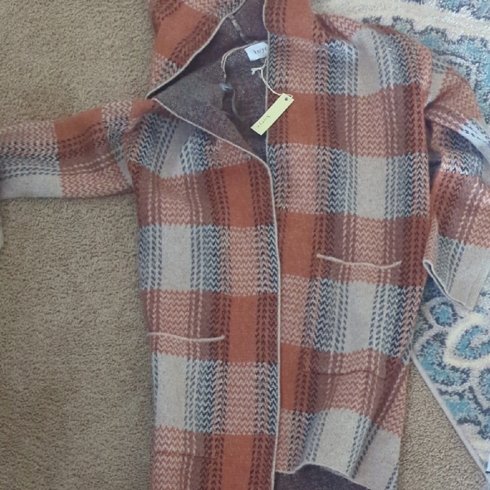 Korye Cozy Plaid Hooded Cardigan - Rust and Beige- S